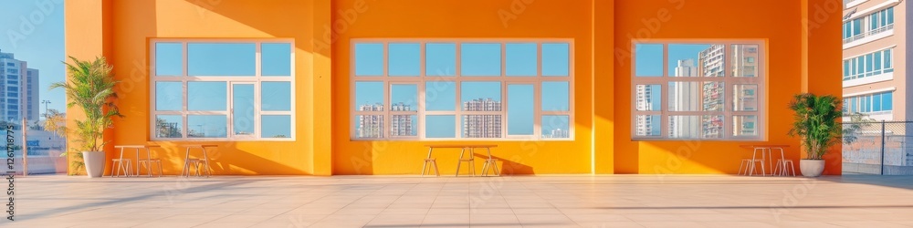 Poster modern sunlit coworking space design spacious open layout with vibrant orange walls and panoramic wi