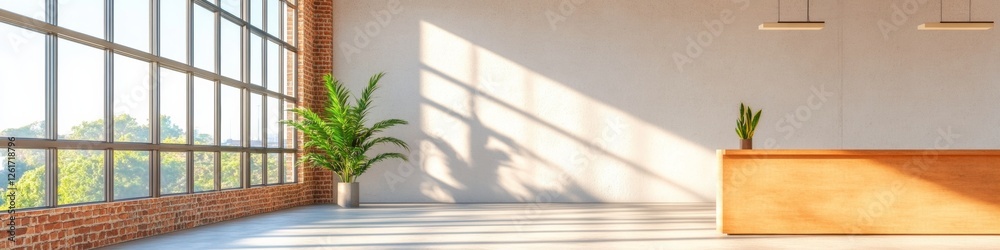 Aufkleber industrial chic workspace design brick wall open office with natural light and greenery - modern com