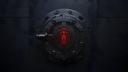Red light illuminates futuristic vault door, dark background, security concept