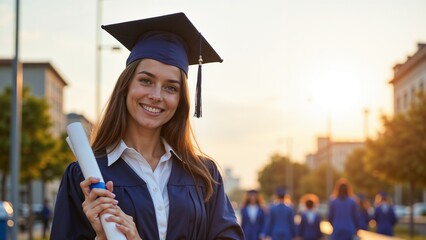 Happy graduate holding a diploma with a graduation cap, smiling outdoors at sunset 