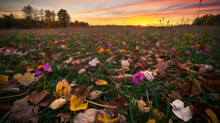 Obraz premium field of wildflowers mixed with fallen autumn leaves at sunset