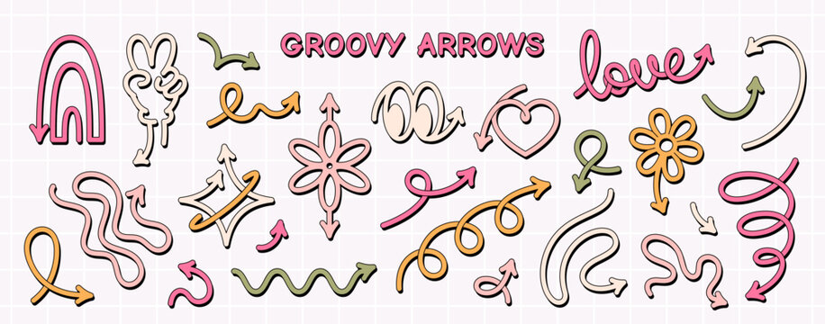 Set of cute unusual various colorful arrows in cartoon groovy style. Vector curvy, shaped and wavy arrows.