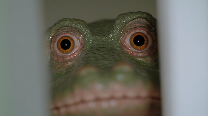 Alligator peeking through fence, zoo enclosure