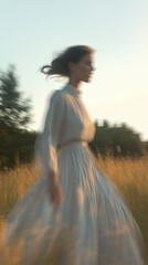 Blurred Woman in Flowing Dress Walking Through Sunlit Field