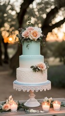 Elegant Three-Tier Wedding Cake with Roses and Candles at Sunset