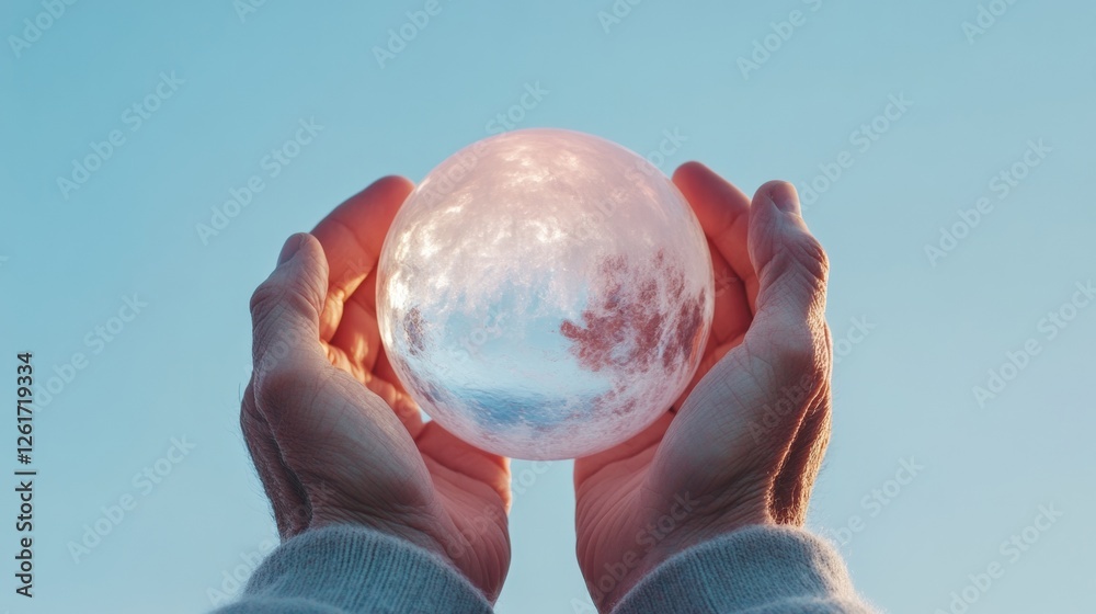 Poster aura sphere visualization ethereal glass globe in hands under clear sky - global initiative content 