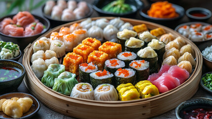 Assorted Sushi Rolls and Nigiri with Fresh Seafood and Colorful Garnishes on a Wooden Platter