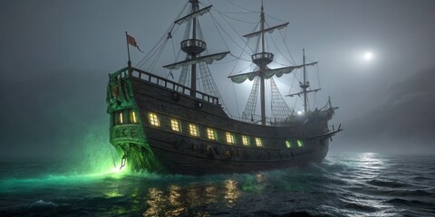 Mysterious old ship navigates through foggy waters under the moonlight near a dark shoreline