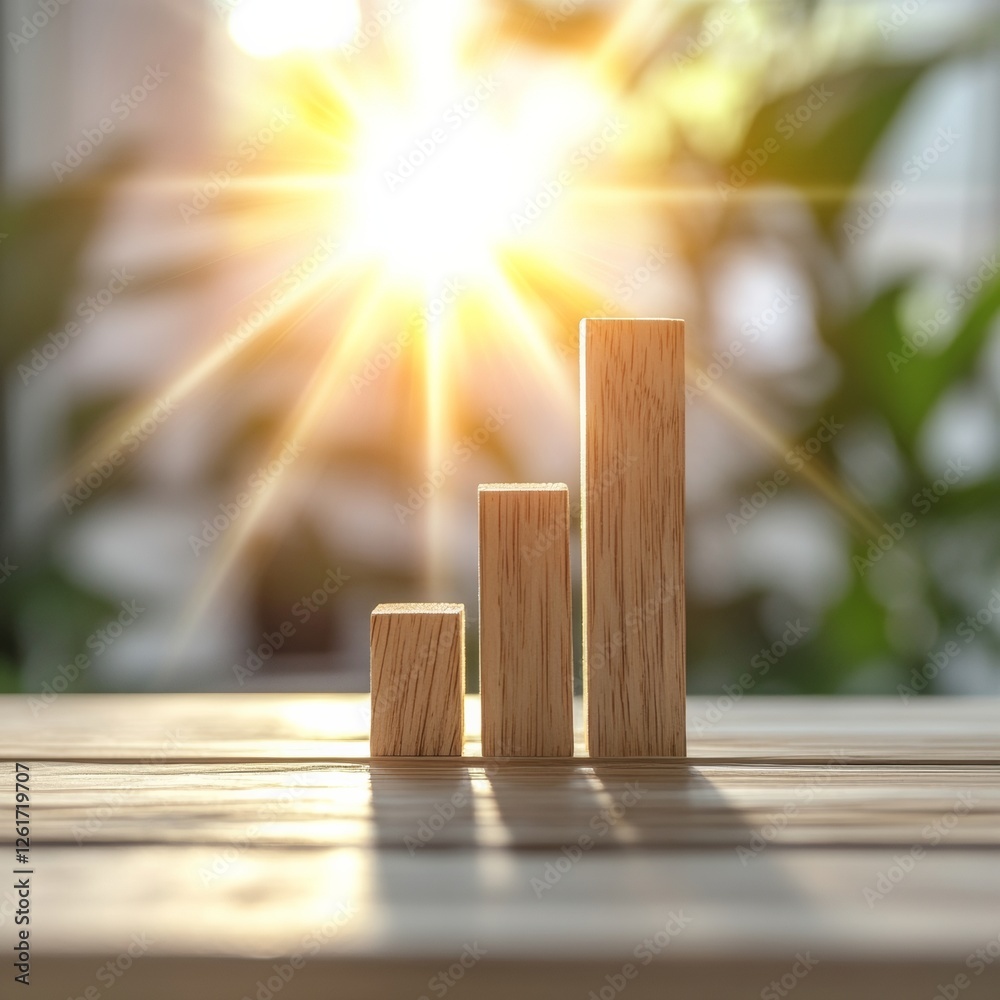 Poster Rustic Wooden Bar Graph Display with Sunlit Background Visualizing Business Growth for Marketing Content and Data Presentation in Professional Settings