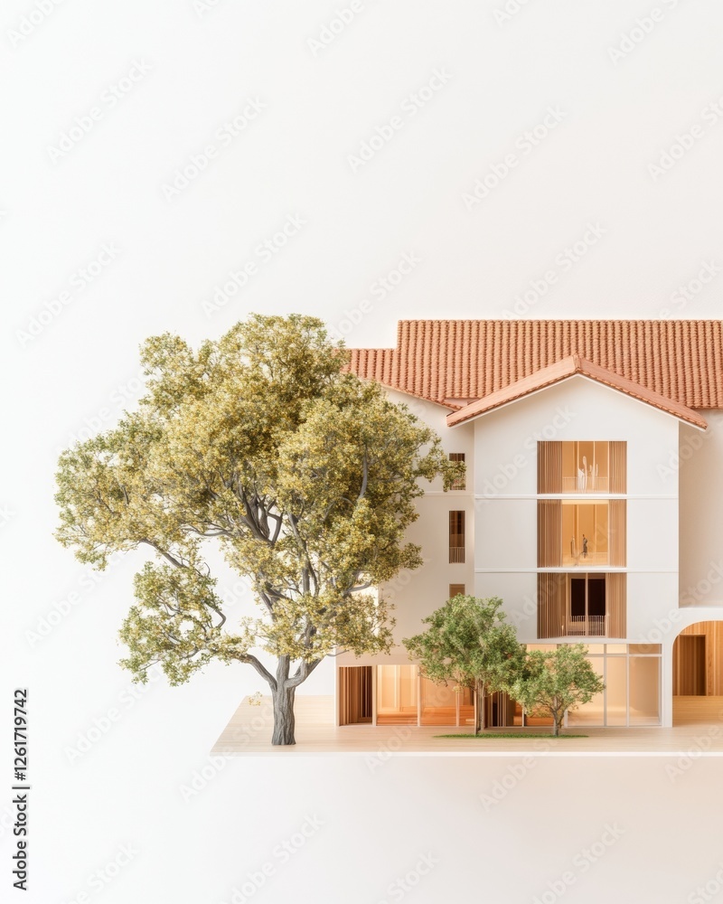 Poster minimalist architectural scale model with wind turbines and trees on white - urban planning for sust