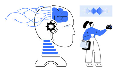 Human engaging with AI brain represented by circuits, waves, and gears. Ideal for AI, machine learning, robotics, technology, consumer behavior innovation digital transformation. Abstract line flat