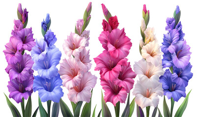 Colorful gladiolus flowers blooming in garden, nature background; ideal for floral design