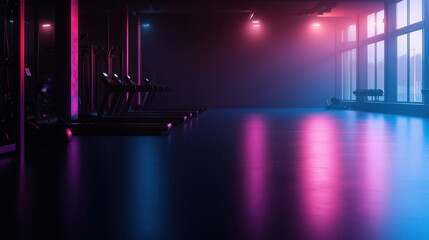 modern fitness center with robotic trainers, illuminated by colorful lights, creating vibrant atmosphere