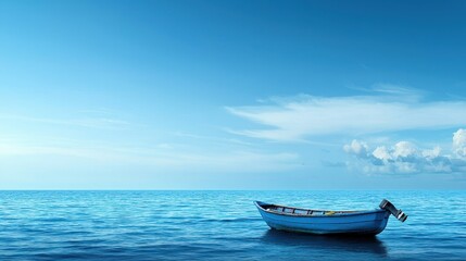 Naklejka premium Tranquil Seascape with a Lonely Boat Under Clear Blue Sky and Calm Water Surface