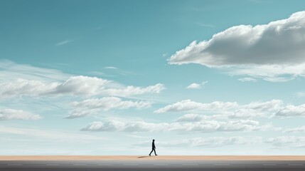 Obraz premium Solitary Figure Walking Along an Expansive Landscape Under a Bright Blue Sky and Clouds