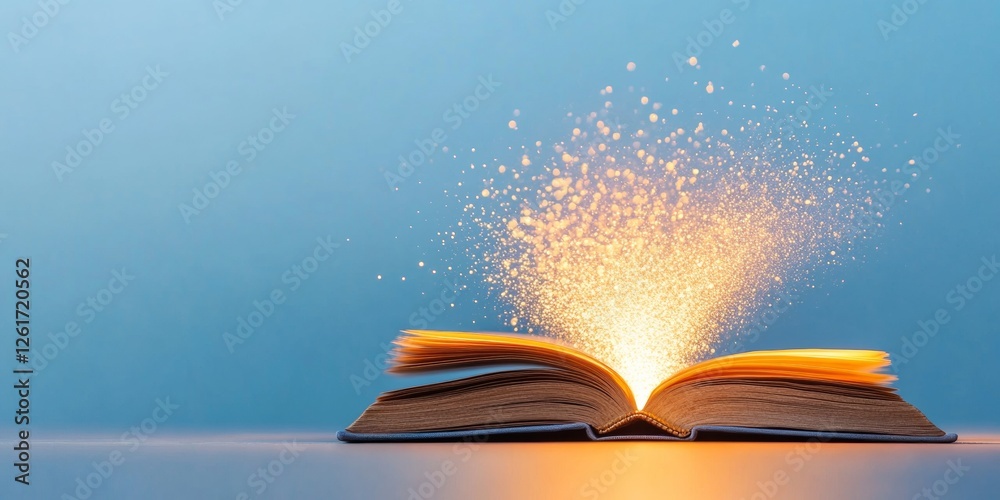 Poster enchanted fantasy book display glowing open pages on wooden table - immersive storytelling content f