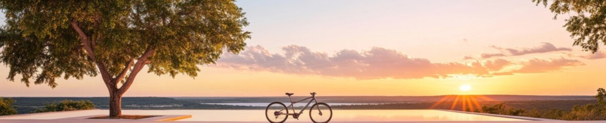 Fototapeta premium Sunset Outdoor Living Experience Modern Fire Pit with Lounge Chairs and String Lights for Community Social Spaces - Enhancing Well-being and Connection in Hospitality Design