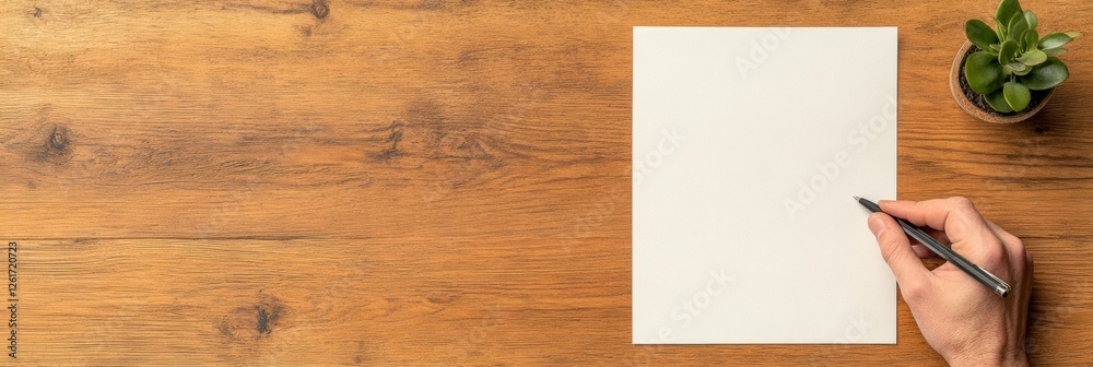 Poster rustic contemporary desk scene document preparation and signature with pen on wooden surface - profe