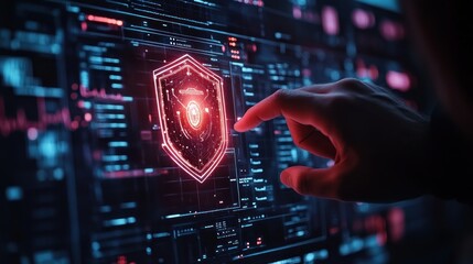 Obraz premium Finger of a man activating a glowing medical shield hologram.