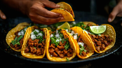 Spicy and Flavorful Meat Tacos Grilled Over an Open Flame, Served with Lime and Garnished with Herbs