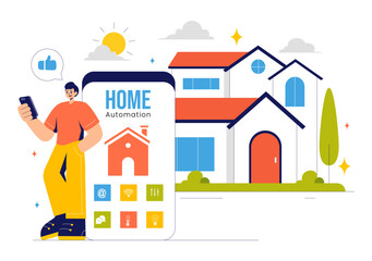 Home Automation Vector Illustration featuring a Smart Home Controlled via Smartphone with an Integrated System of Electronic Devices in a Background