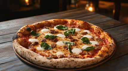 Freshly baked pizza with crispy crust, topped with mozzarella and basil
