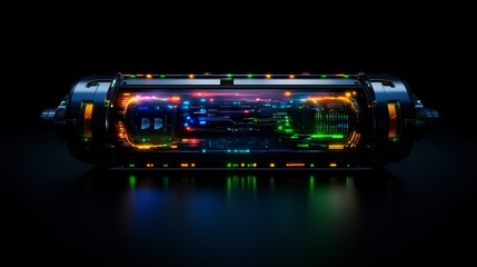 Futuristic Horizontal DNA Strand Displaying Vibrant Neon Colors on Black