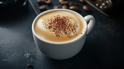 frothy cappuccino topped with cocoa powder, surrounded by coffee beans