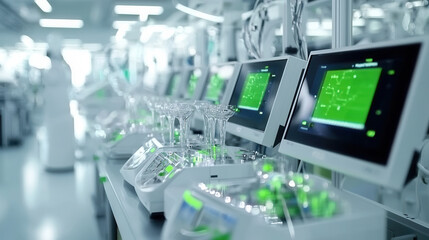 Fototapeta premium High tech robotic laboratory with advanced equipment and screens displaying data. environment is bright and modern, showcasing innovation