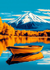 Obraz premium A boat is floating on a lake with a mountain in the background. The scene is serene and peaceful, with the boat reflecting the beauty of the surrounding nature
