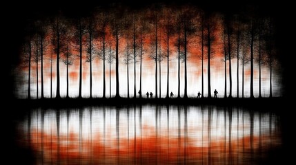 Silhouetted hikers trekking along lake's edge at dusk enveloped by misty forest reflection serene viewpoint