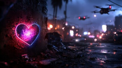 Futuristic Neon Heart Street Art Displayed on Rough Stone Wall at Night