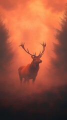 Naklejka premium Majestic elk roaming in misty forest at dusk nature serene environment
