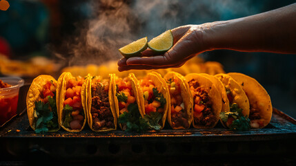 Hand-Grilled Tacos with Smoky Meat, Topped with Fresh Herbs and a Squeeze of Lime