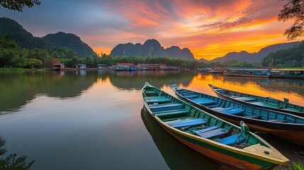 Obraz premium A clean fishing harbor with eco-conscious boats docked under a colorful sunset.