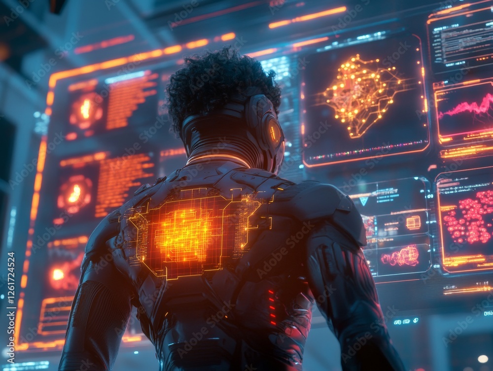 Aufkleber Cybernetic Diagnostics Interface Futuristic Neon Displays with Holographic Data - Cutting-Edge Healthcare Technology in Modern Clinical Environments