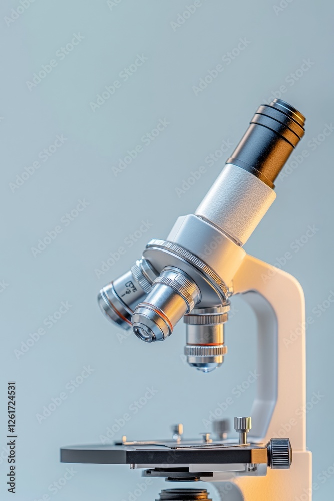 Poster minimalist laboratory microscope precision optics on sleek metal - scientific research and technical