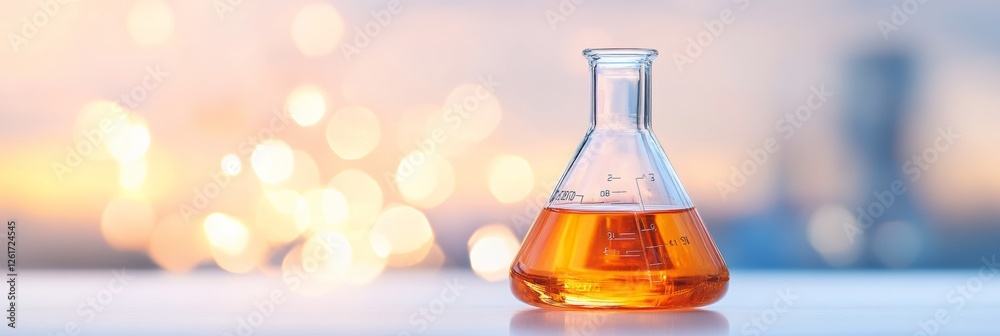 Poster minimalist lab aesthetics transparent glass flask with amber solution - precision in quality control