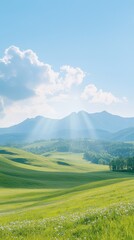 Fototapeta premium Breathtaking sunrise over mountains green valley landscape nature serene atmosphere