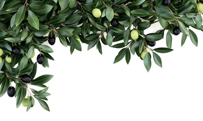 Olive branch border, green and black olives, leaves, food background, recipe website