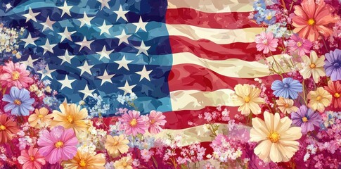 Obraz premium American flag adorned with vibrant colorful flowers in bloom