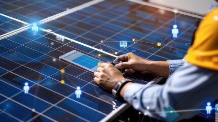 Monitoring solar energy systems renewable energy sector digital technology urban environment close-up view energy efficiency insights