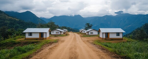 A scenic view of rural houses along a dirt road, surrounded by lush greenery and mountains under a cloudy sky.