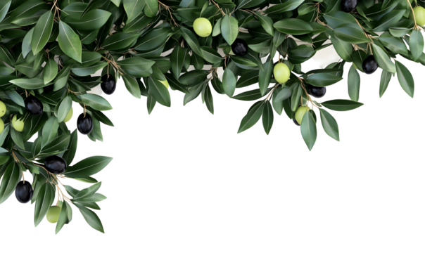 Olive branch border, green and black olives, leaves, food background, recipe website
