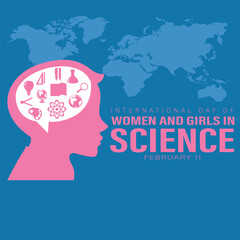 International Day of Women and Girls in Science design. Creative design with a silhouette of a woman scientist holding a test tube, Women, girls, and science day design.