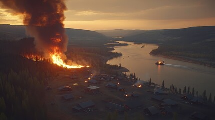 Obraz premium Wildfire engulfs forested area riverbank aerial view dramatic natural disaster environmental impact