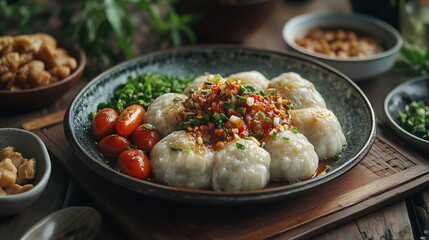 Traditional Street Food Dumplings with a Savory Filling, Garnished with Fresh Herbs and Spices