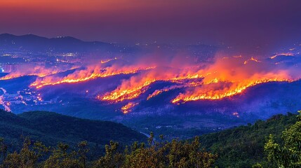 Wildfire devastation mountainous region landscape photography dusk aerial view environmental crisis