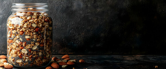 Homemade Granola In Glass Jar On Dark Background