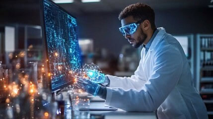 Futuristic scientist controlling quantum AI simulations in a high tech research facility